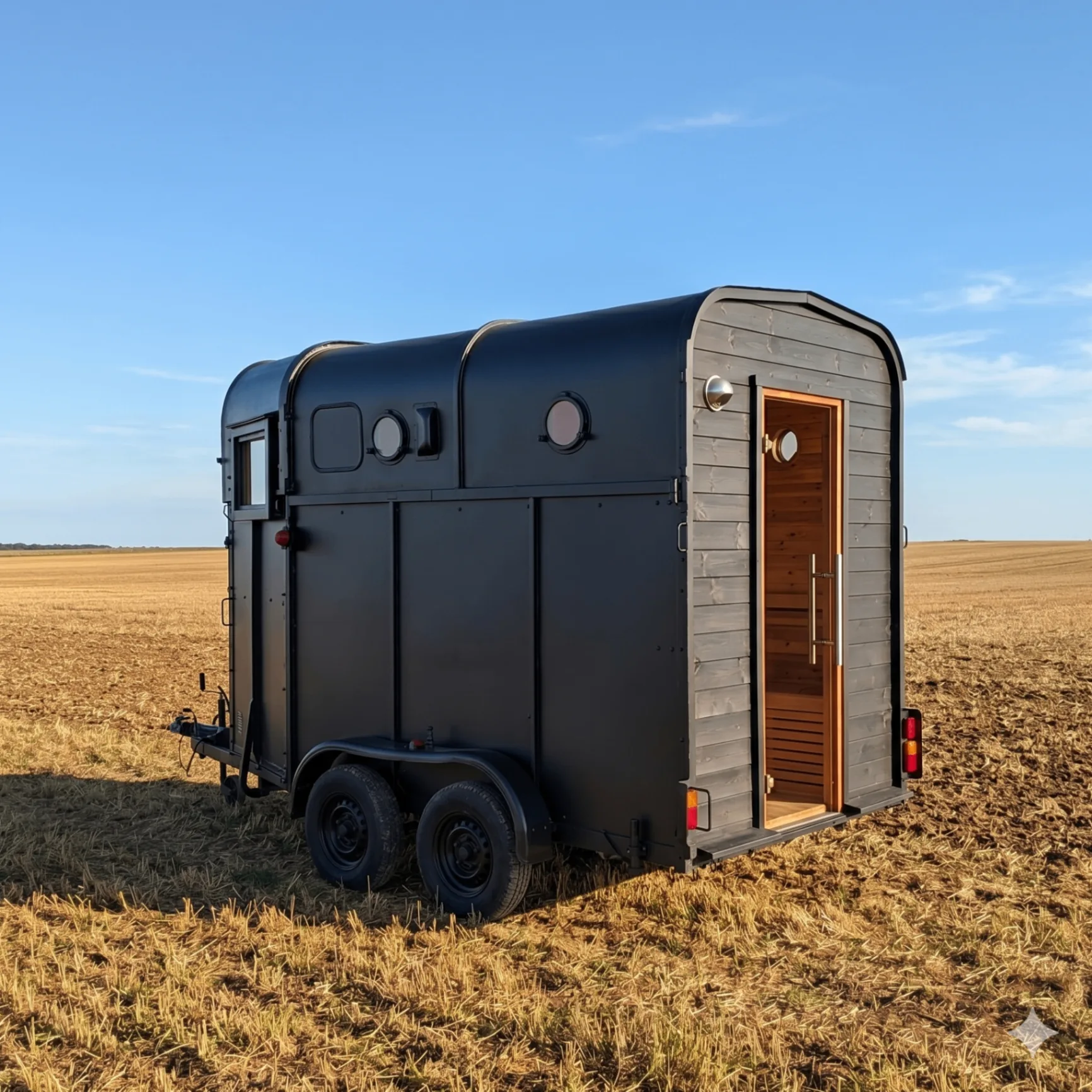 Rear view of the matte black horsebox sauna in an open harvested field