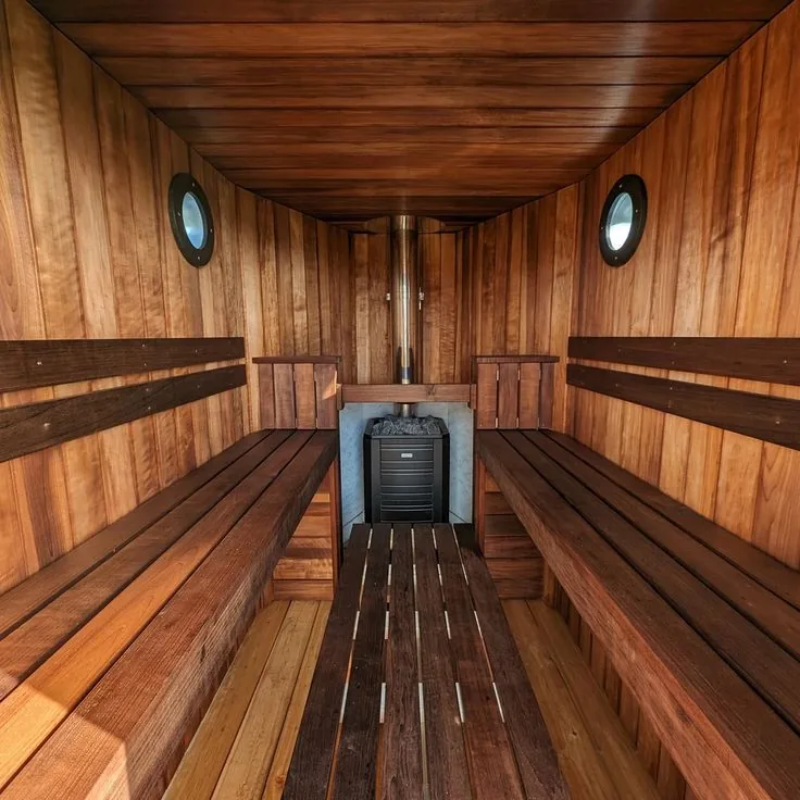 Cedar-lined interior of the mobile sauna with wood-fired stove