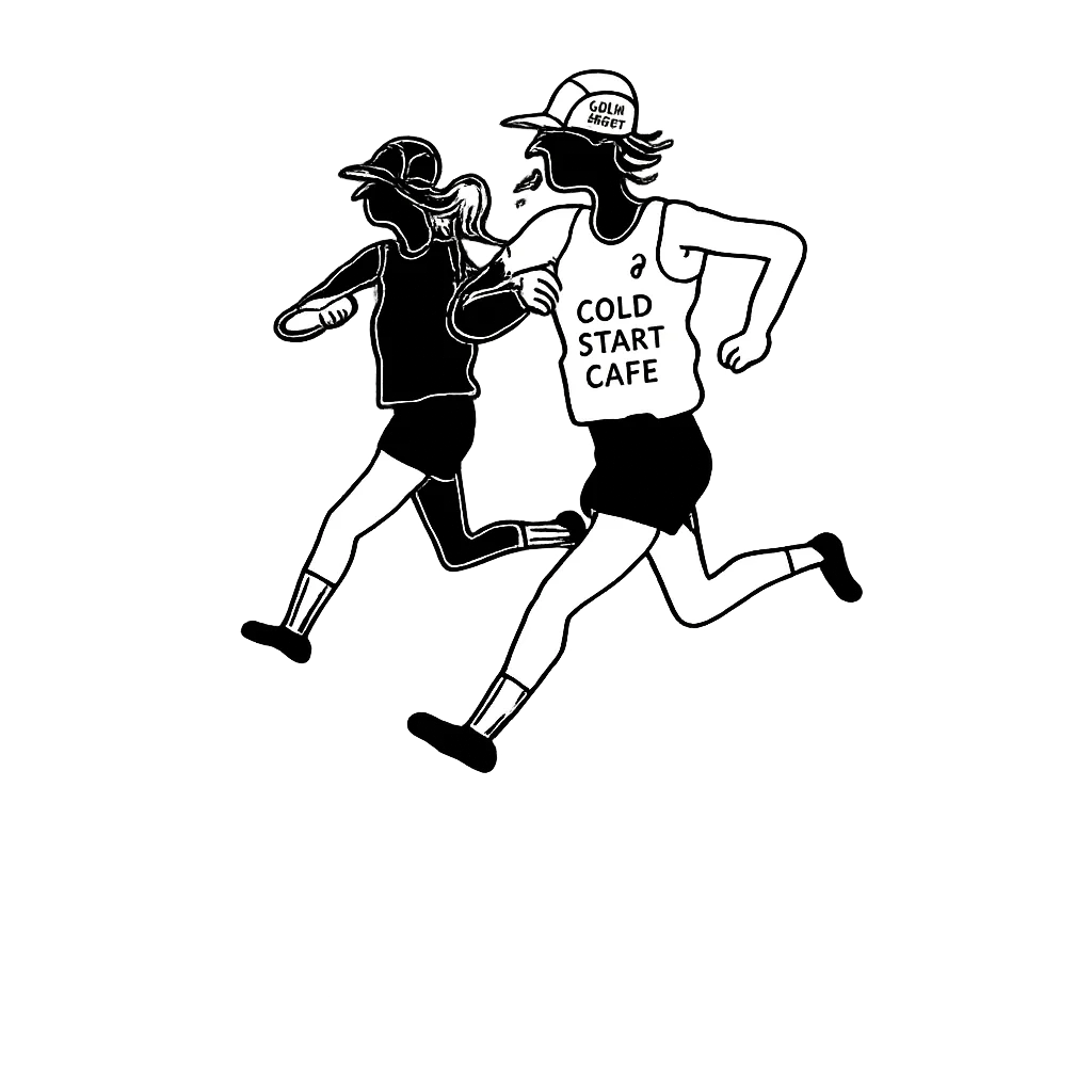 Two runners wearing Cold Start Café kit